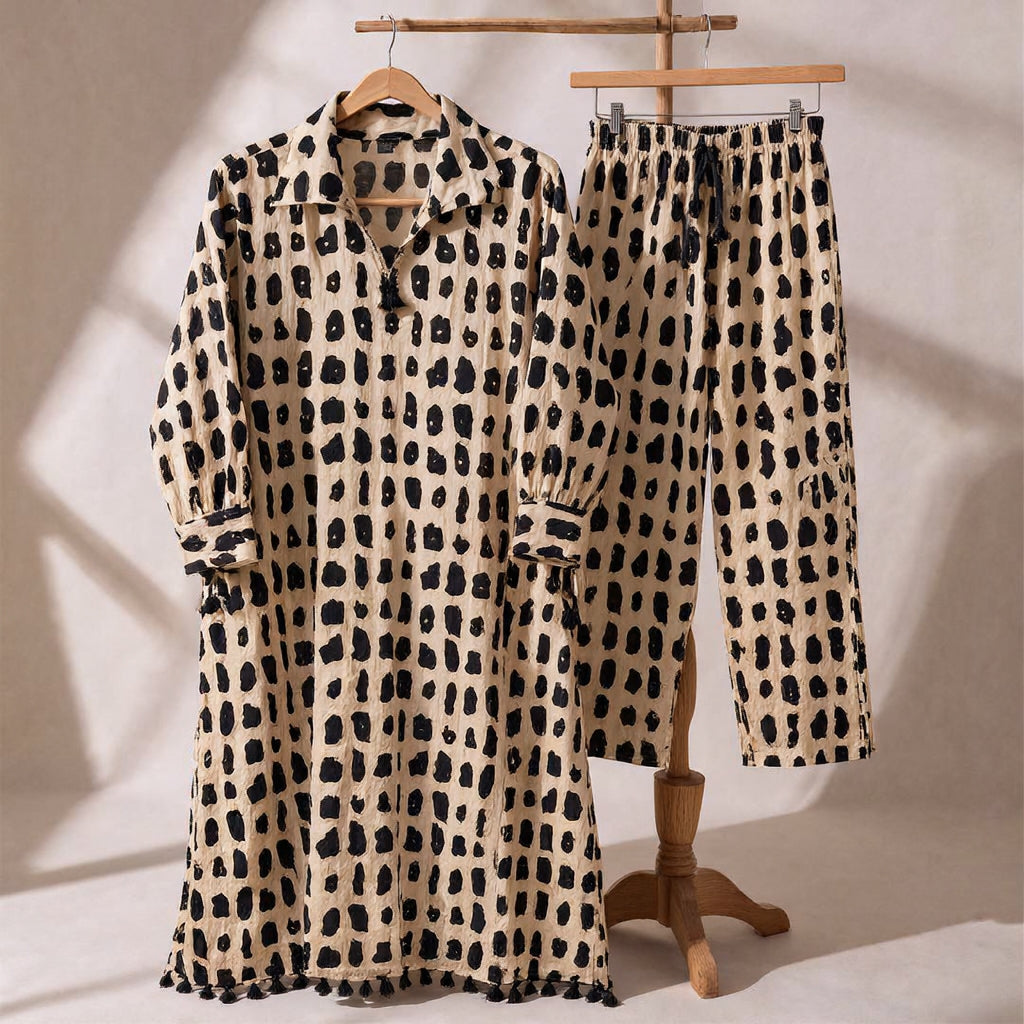 Black & Ivory Handblock Print Kurta Pant Set