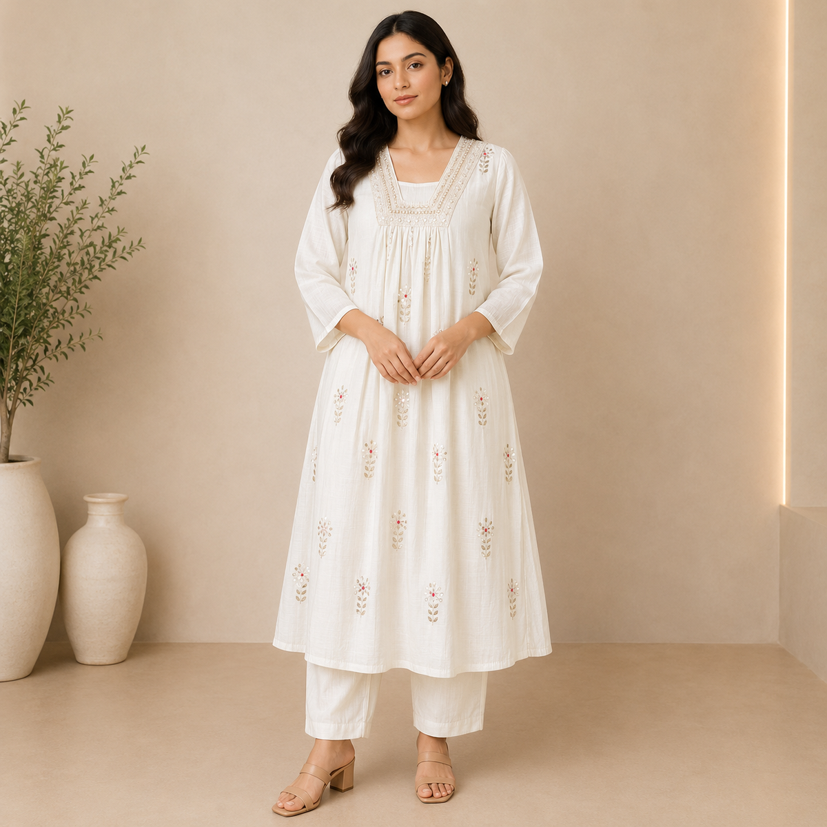 Ivory Embroidered suit Set with Floral Buti Dupatta