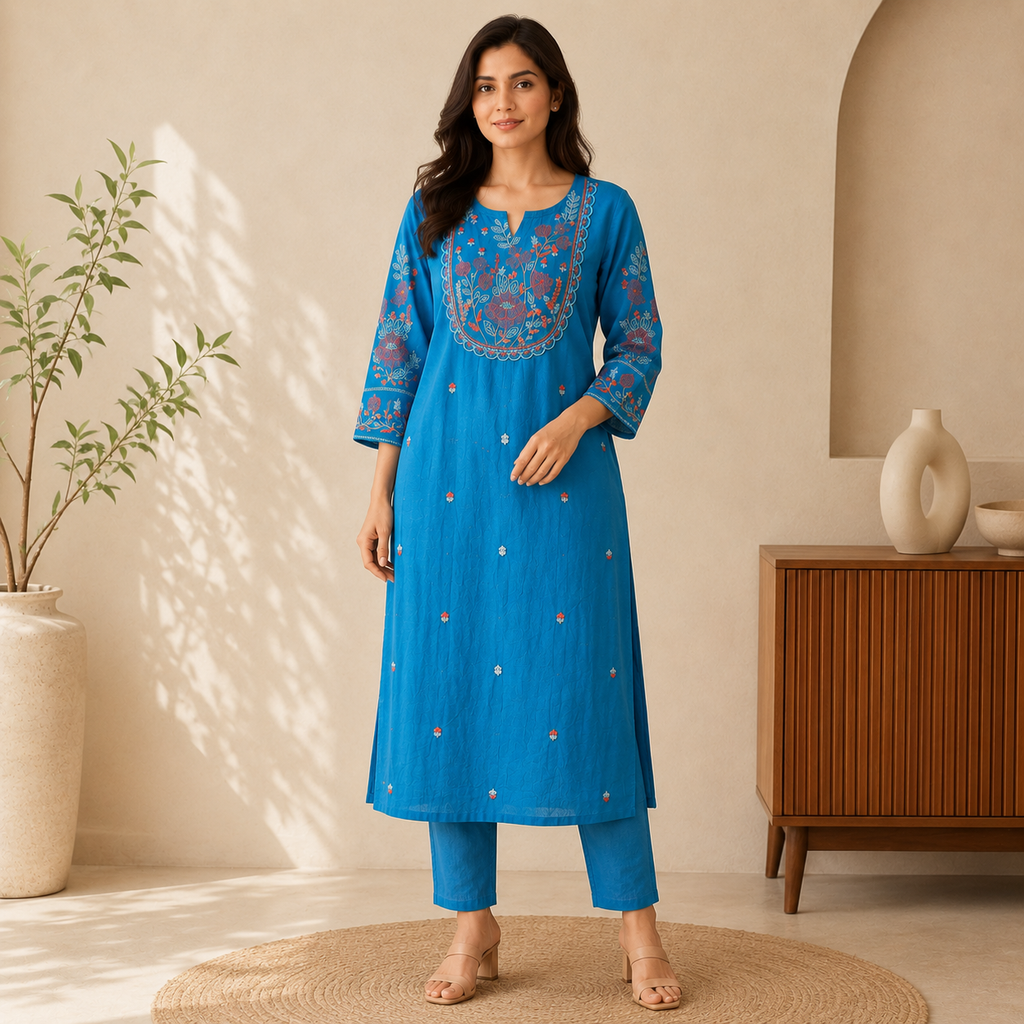 Teal Blue Embroidered Cotton long Kurti