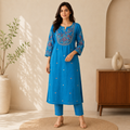Teal Blue Embroidered Cotton long Kurti