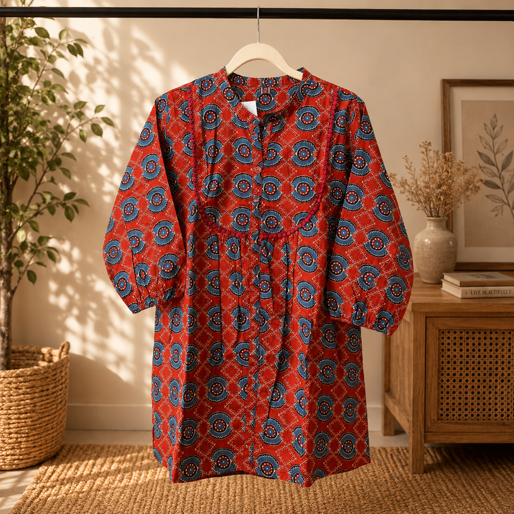Rust Red Printed Pure Cotton short Kurti