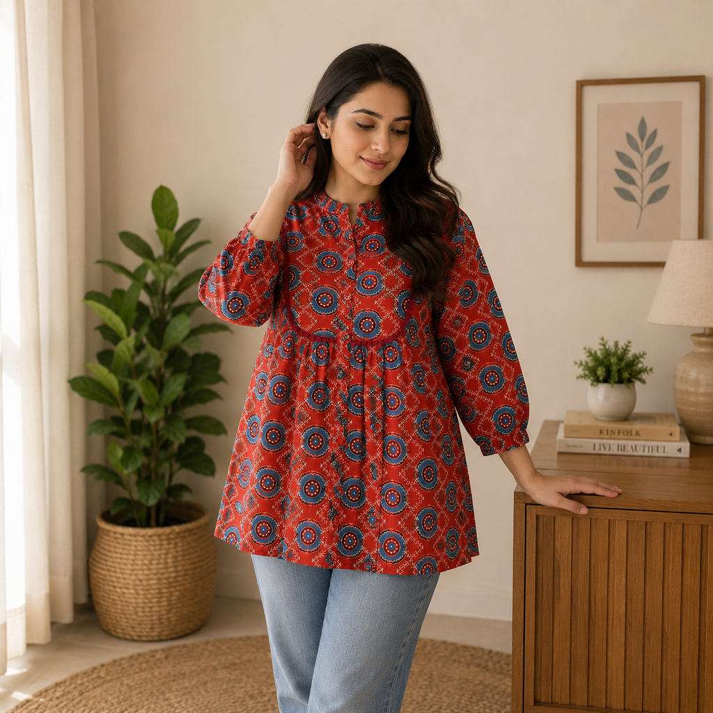 Rust Red Printed Pure Cotton short Kurti