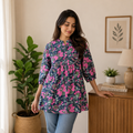 Charcoal Floral Pure Cotton short Kurti