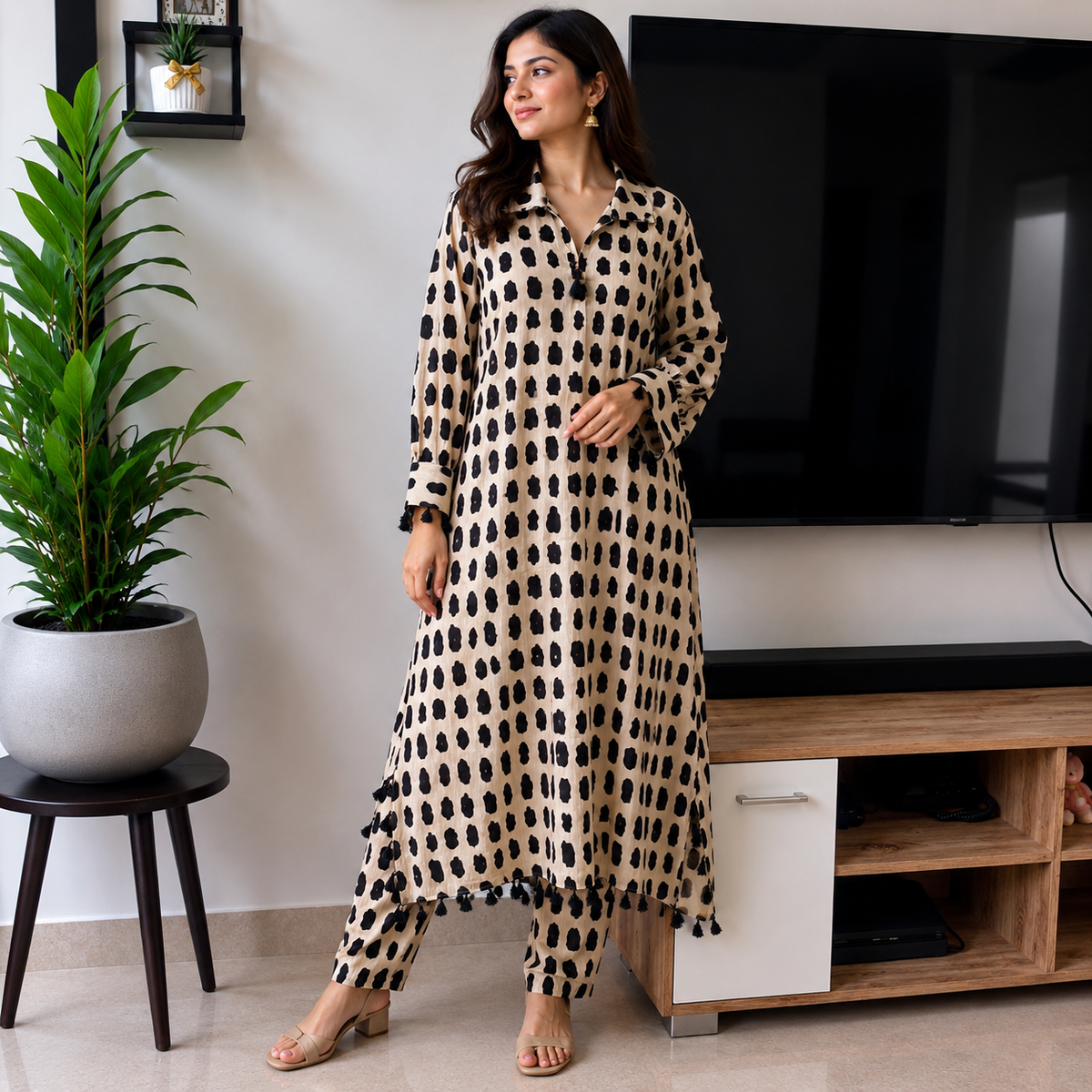 Black & Ivory Handblock Print Kurta Pant Set