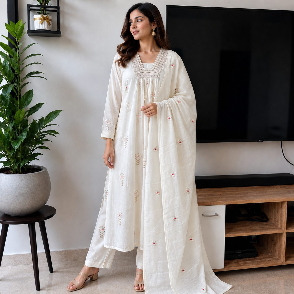 Ivory Embroidered suit Set with Floral Buti Dupatta