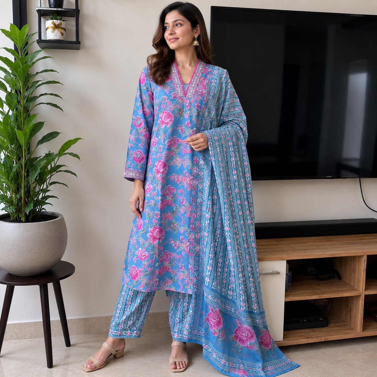 Blue floral pure cotton suit set