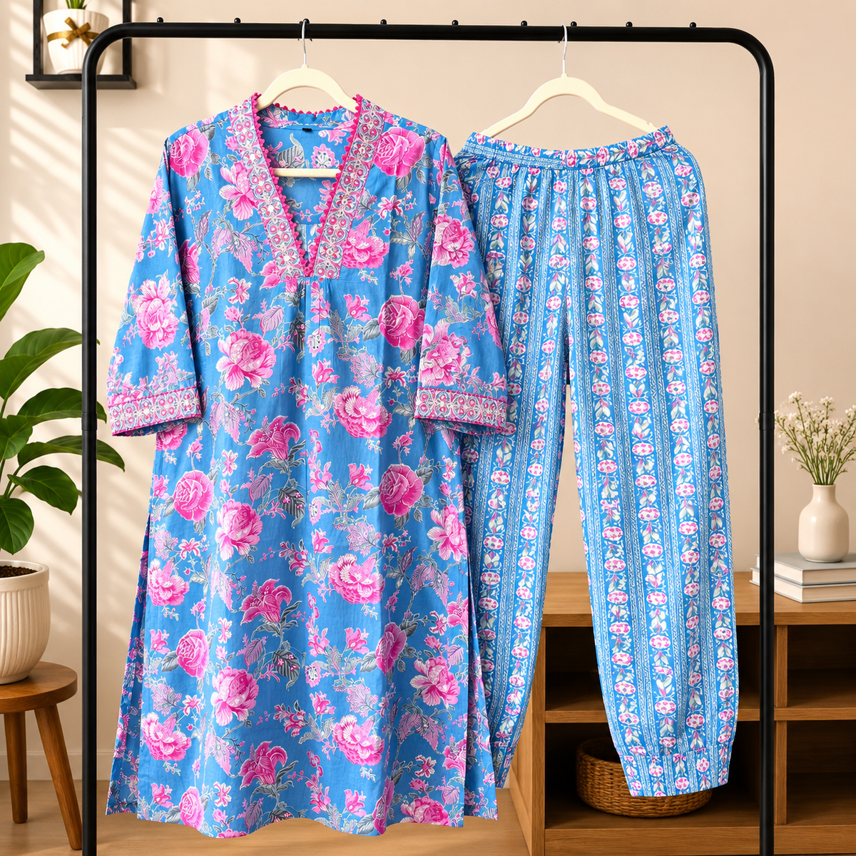 Blue floral pure cotton suit set