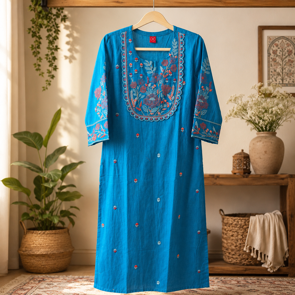 Teal Blue Embroidered Cotton long Kurti