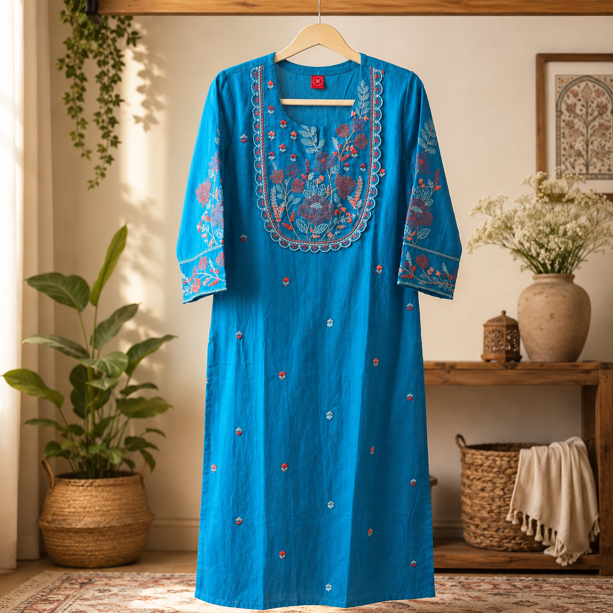 Teal Blue Embroidered Cotton long Kurti